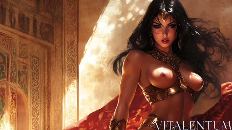 Warrior queen stands in radiant palace doorway light