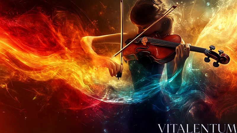 Digital painting of fiery and aqueous violin performance symbolism.