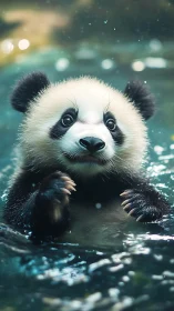 Playful baby panda splashing in soft shimmering water.