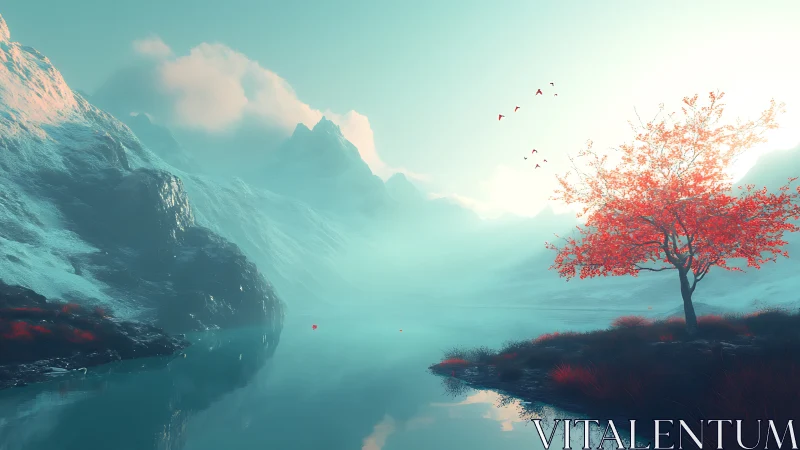 Crimson shoreline tree holds its own against glacial silence