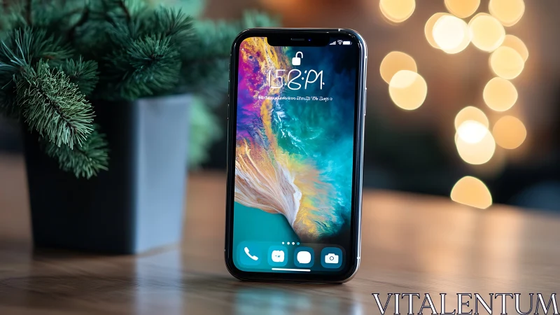 Modern Smartphone Displaying Vibrant Wallpaper with Desktop Setup.