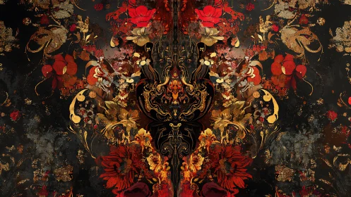 Lush crimson and gold florals swirling in dark romance.