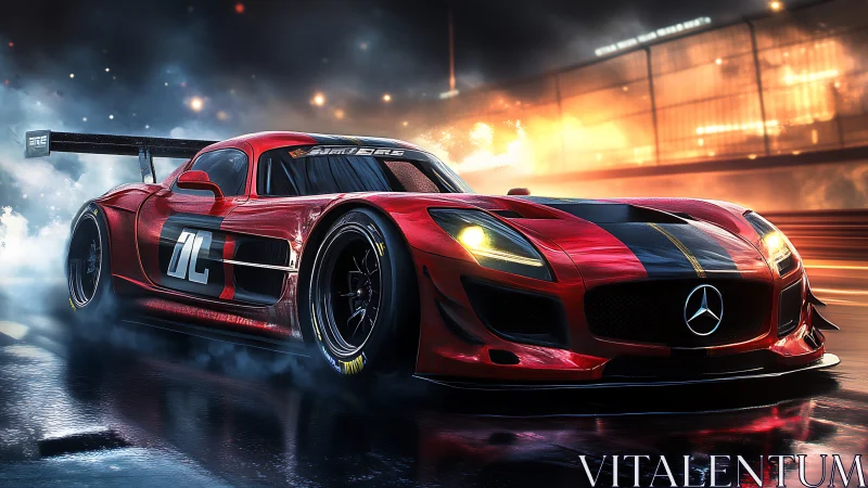 Red Mercedes race car on wet night city circuit in motion.