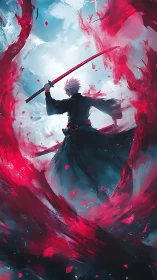 Samurai warrior amid swirling red energy storm.