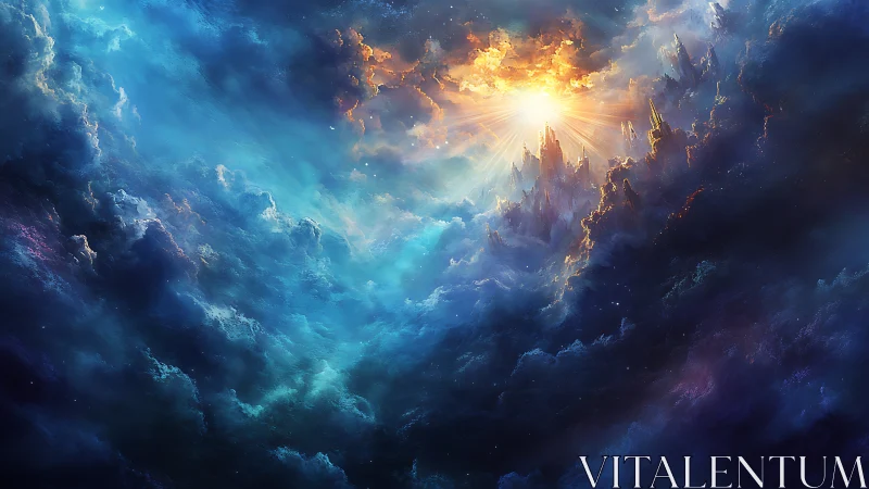 Luminous celestial clouds with radiant sunlit center.
