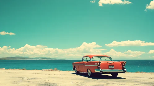 Sunlit classic car savors a peaceful afternoon by the sea