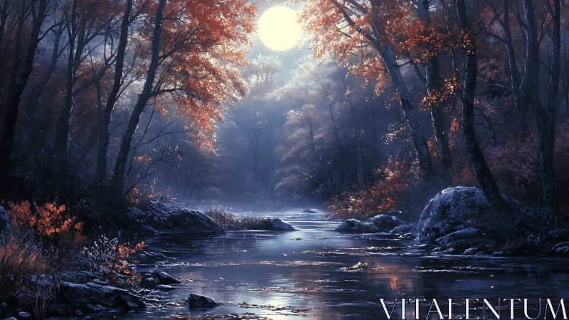 Moonlit Forest Stream: Autumn Woodland Digital Painting.