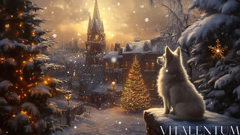 White dog watches a magical snowy Christmas town at dusk.