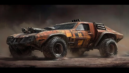Heavily armored off‑road assault truck in dusty wasteland