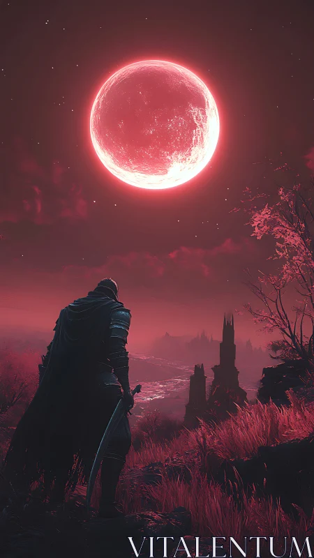 Lone armored wanderer confronts a colossal blood-red moon