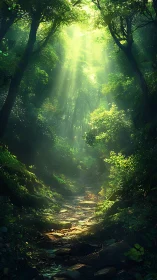 Forest path bathed in diffused sunlight through canopy