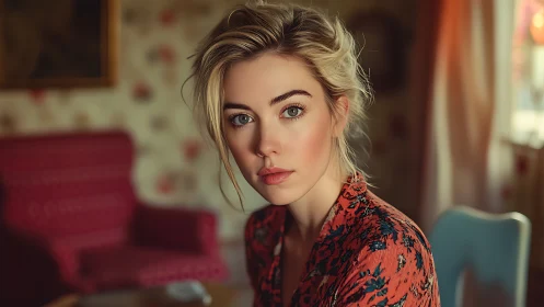 Quiet sunlit gaze in a patterned room of soft whispers.