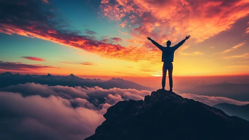Silhouette stands on rocky summit above clouds at sunset sky