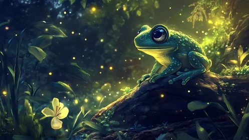 Enchanted forest frog watches glowing fireflies at twilight