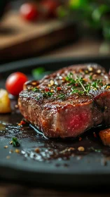 Medium-rare steak sits on black plate with herbs and oil
