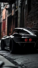 Black classic sports coupe in narrow urban alley at dusk.