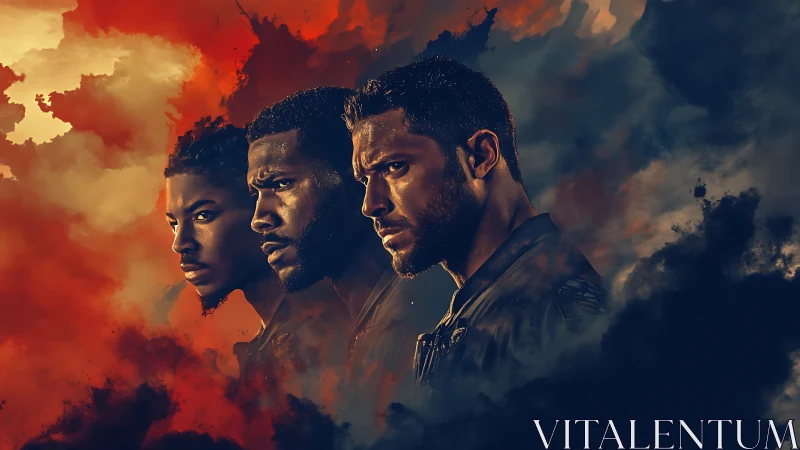 Digital portrait trio against fiery smoke-filled sky.