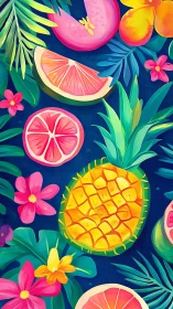 Vibrant tropical pineapple pattern with citrus segments on blue