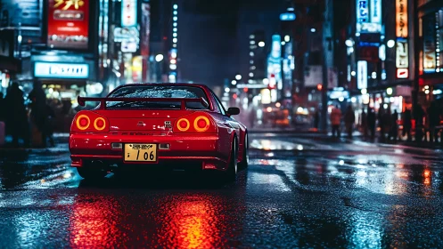 Red sports car on neon-lit Tokyo street at night in rain.