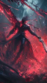 Armored figure amid red energy surge in dark environment.