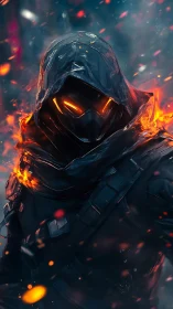 Ember‑Eyed Wraith in Tactical Armor Amid Neon Ashstorm.