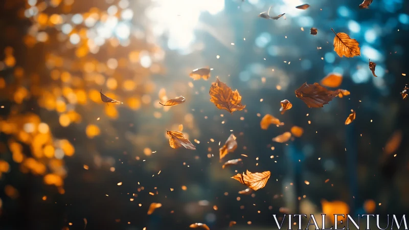 Golden autumn leaves swirl gently through glowing forest light.