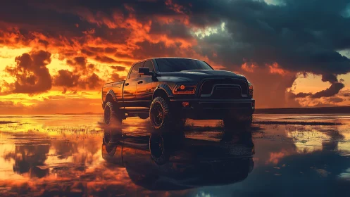 Pickup truck is rendered on reflective wet ground at sunset
