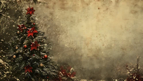 Decorated evergreen tree stands against textured winter wall