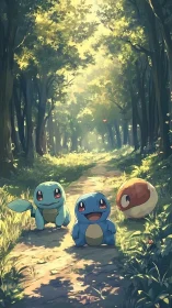 Digital render depicts three pocket monsters positioned along forest path.