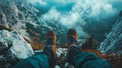 Wide-angle POV of hiker’s boots above misty alpine valley