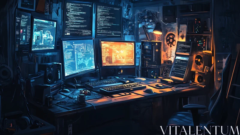 Cyberpunk multi-monitor hacker workstation in moody neon lighting.