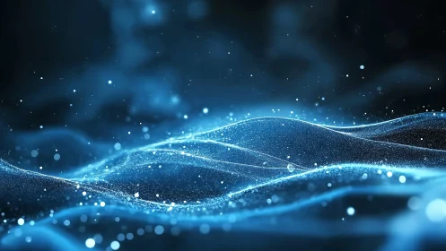 Luminous blue particle waves forming abstract digital landscape.