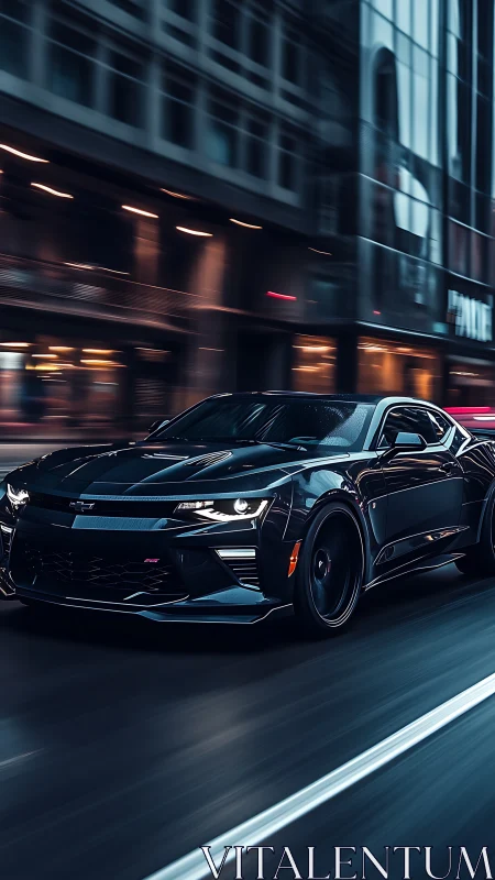 Black performance coupe moving through wet city street at night.