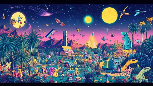 Neon sci‑fi carnival landscape merges dinosaurs and retro futurism
