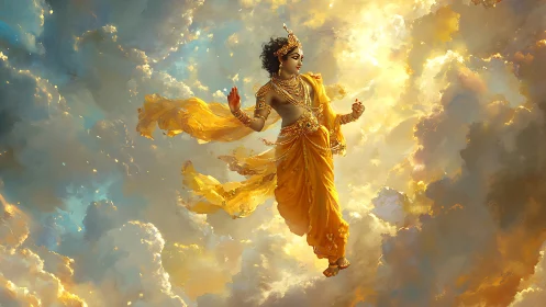 Radiant sky dancer drifting through molten sunrise clouds.