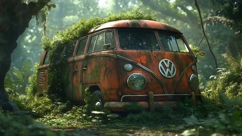 Abandoned rusted VW microbus overtaken by dense jungle foliage