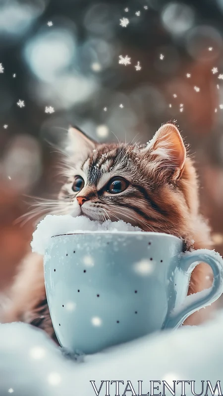 Tabby Kitten in Blue Mug with Snowflake Bokeh Environment Rendering