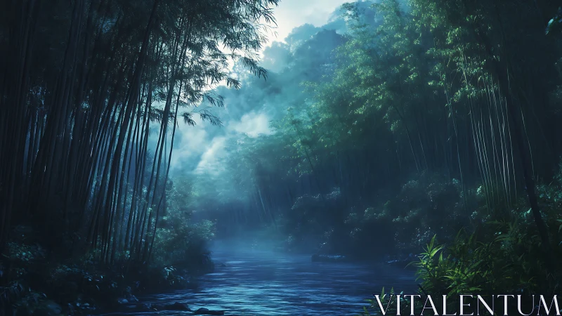 Serene Bamboo Forest River Hidden Among Misty Woods.