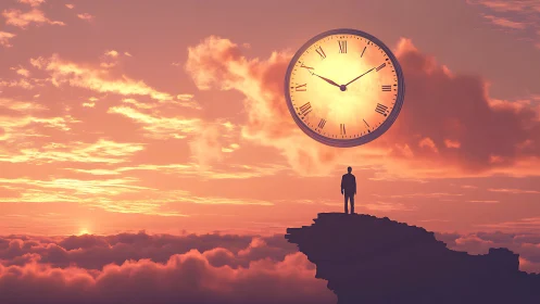 Solitary dreamer studies a molten sky-clock above the clouds