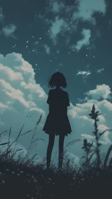 Backlit silhouette of solitary girl under stratocumulus sky.