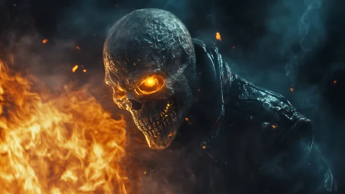 Flaming skull figure in leather within dark smoky scene.