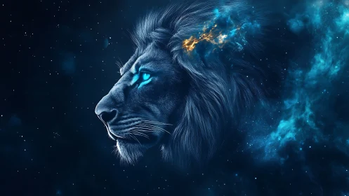 Celestial lion profile rendered in luminous cosmic nebula.