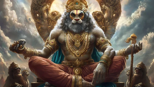 Lion-headed deity sits enthroned amid stormlit golden clouds.