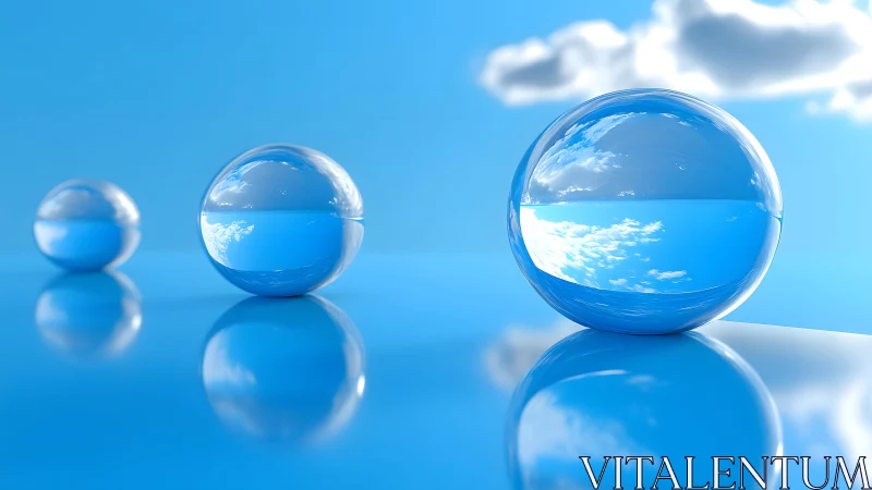 Three reflective glass spheres render a hyperreal skyscape