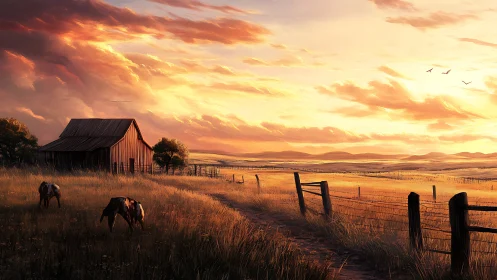 Sunlit farmstead glows under sweeping prairie sunset sky.