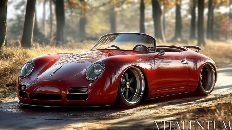 Photorealistic low-slung roadster under autumn forest light.