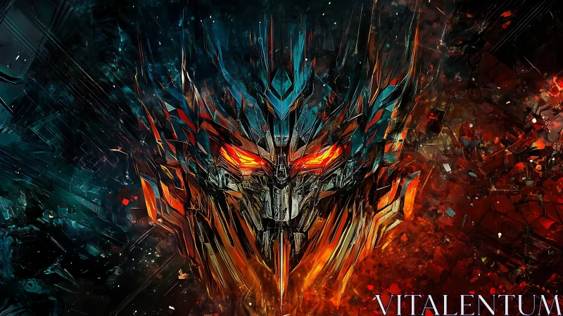 Mechanical face in fragmented fiery and teal abstract field.