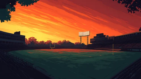 Empty football stadium glows under vivid orange sunset sky