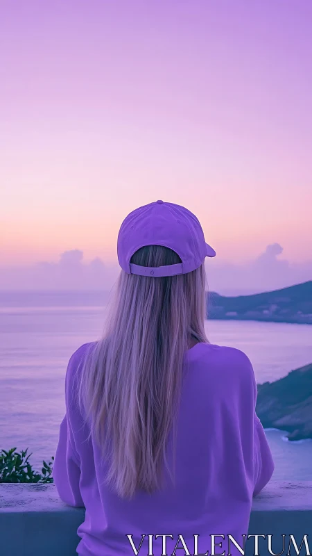 Soft lavender sunset view with a quiet seaside daydreamer.