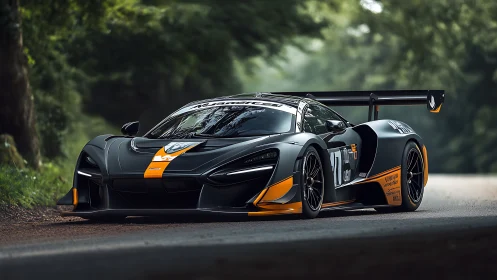 Carbon track-spec GT race car on damp forest tarmac at dawn